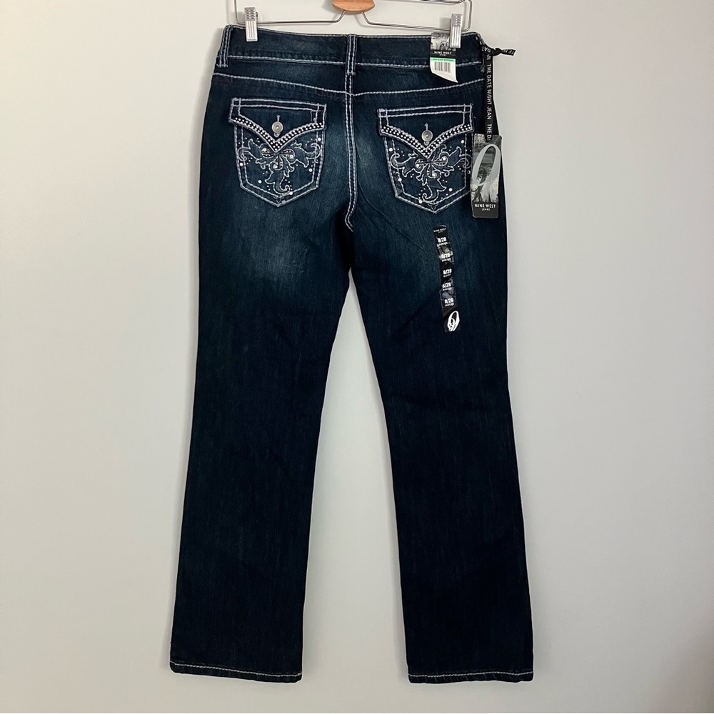 Nine West Jeans Date Night Fit Dark Wash BootCut Bling Flap Pocket Womens Size 8